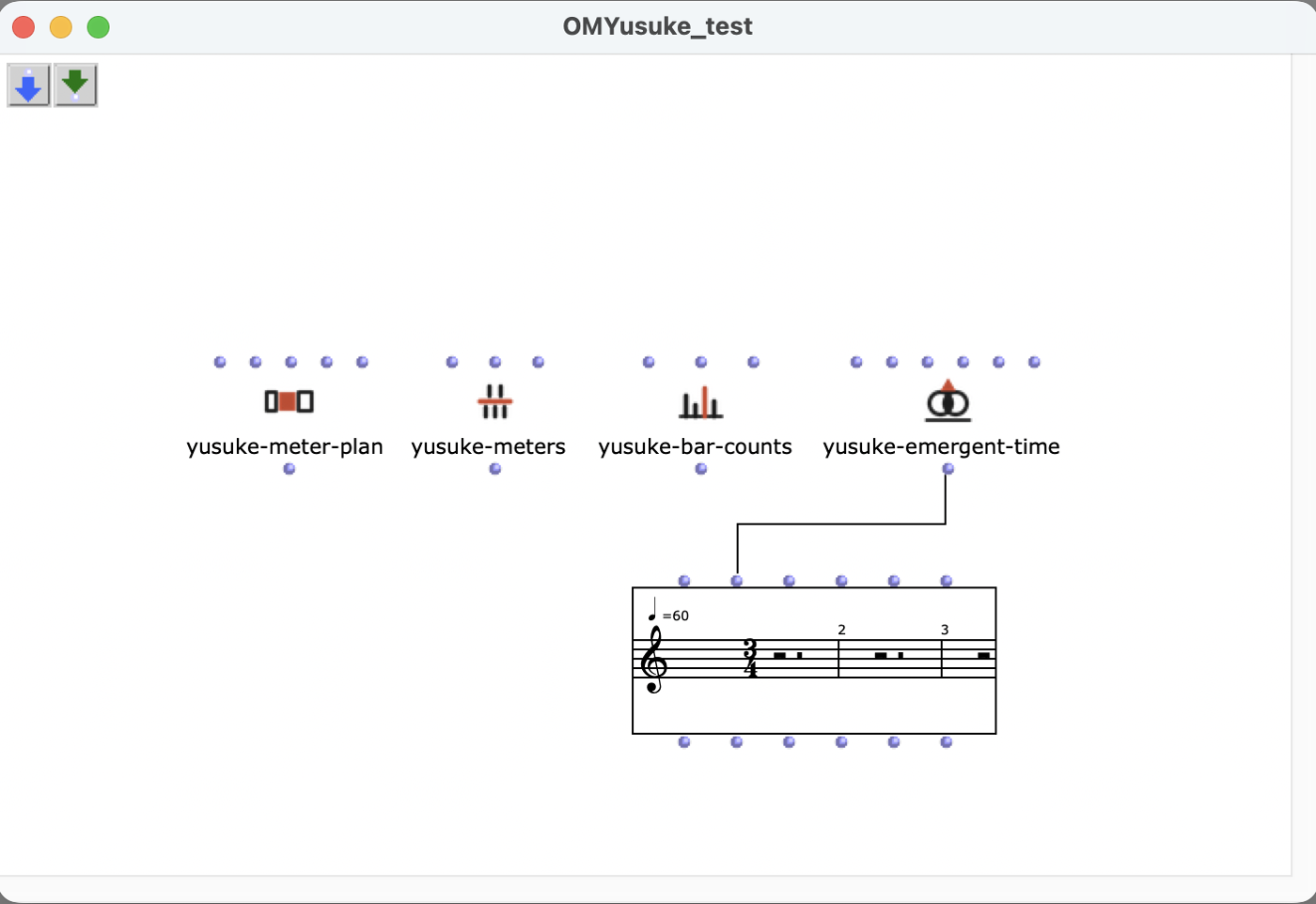 OpenMusic のパッチ上の OMYusuke のボックス（yusuke-meter-plan / yusuke-meters / yusuke-bar-counts / yusuke-emergent-time）
